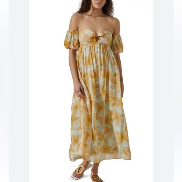 ASTR Levina Floral Off-Shoulder Maxi Dress in Water Colored Yellow Pastels- SM - Picture 1 of 17